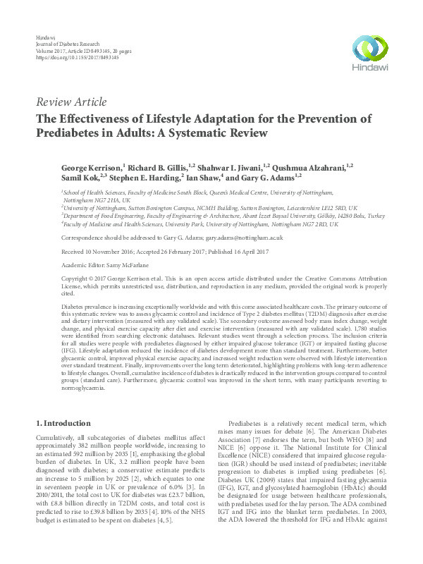 The effectiveness of lifestyle adaptation for the prevention of prediabetes in adults: a systematic review Thumbnail