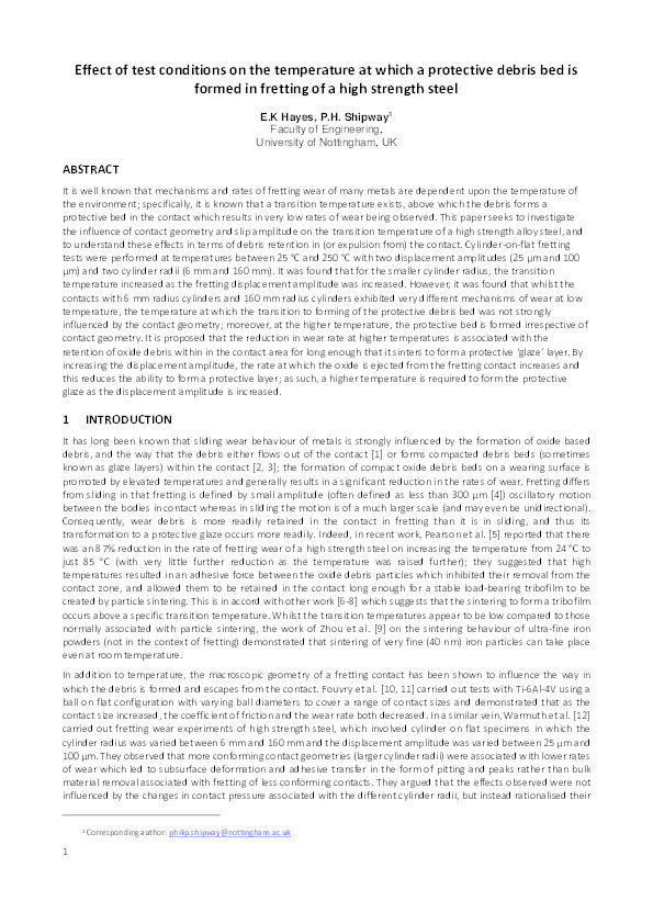 Effect of test conditions on the temperature at which a protective debris bed is formed in fretting of a high strength steel Thumbnail