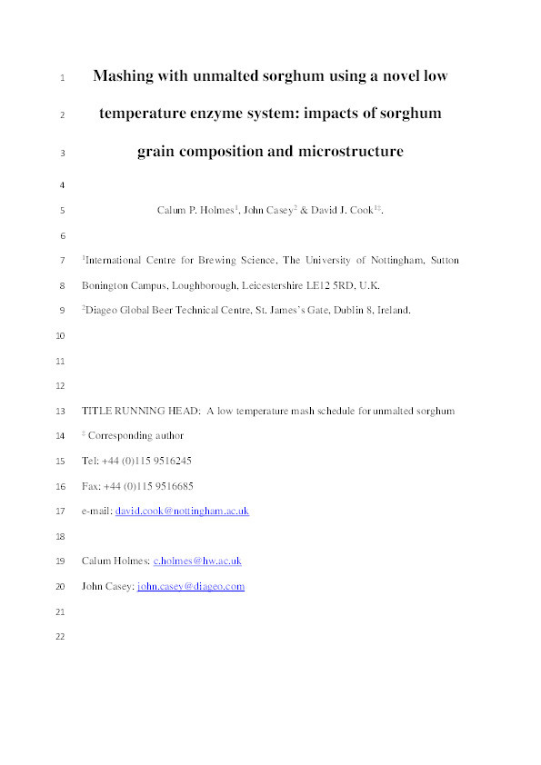 Mashing with unmalted sorghum using a novel low temperature enzyme system: impacts of sorghum grain composition and microstructure Thumbnail