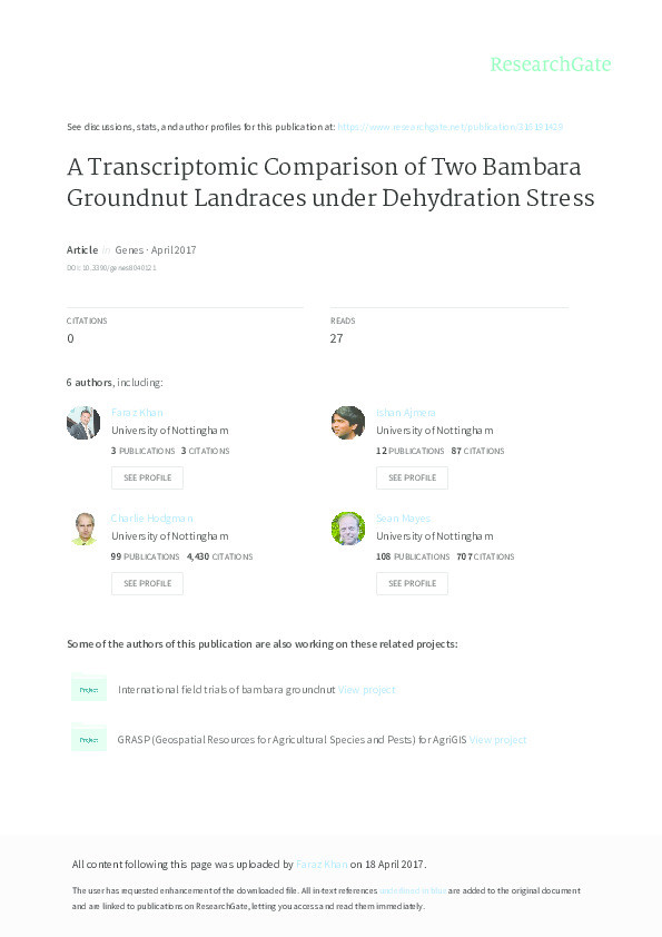 A transcriptomic comparison of two Bambara groundnut landraces under dehydration stress Thumbnail