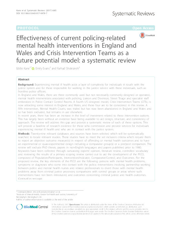 Effectiveness of current policing-related mental health interventions in England and Wales and Crisis Intervention Teams as a future potential model: a systematic review Thumbnail