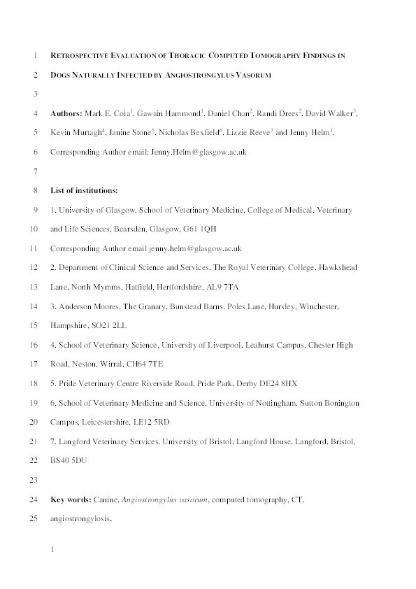 Retrospective evaluation of thoracic computed tomography ﬁndings in dogs naturally infected by Angiostrongylus vasorum Thumbnail