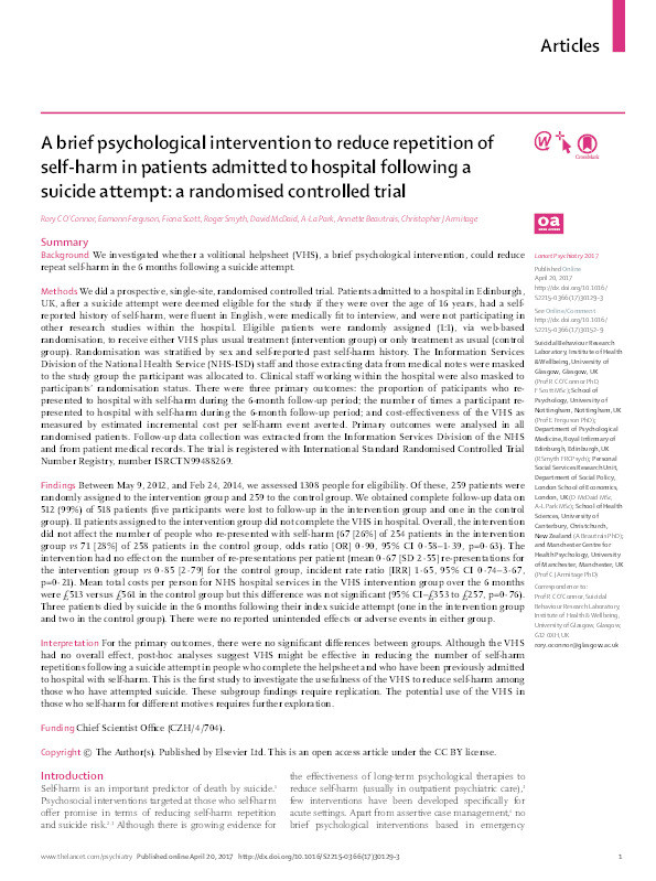 A brief psychological intervention to reduce repetition of self-harm in patients admitted to hospital following a suicide attempt: a randomised controlled trial Thumbnail