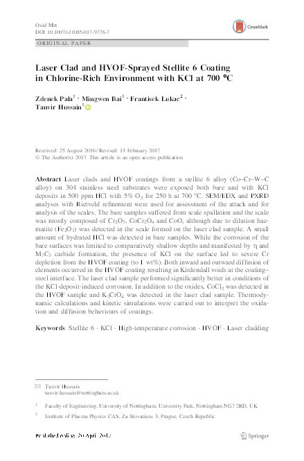 Laser clad and HVOF sprayed Stellite 6 coating in chlorine rich environment with KCI at 700 °C Thumbnail