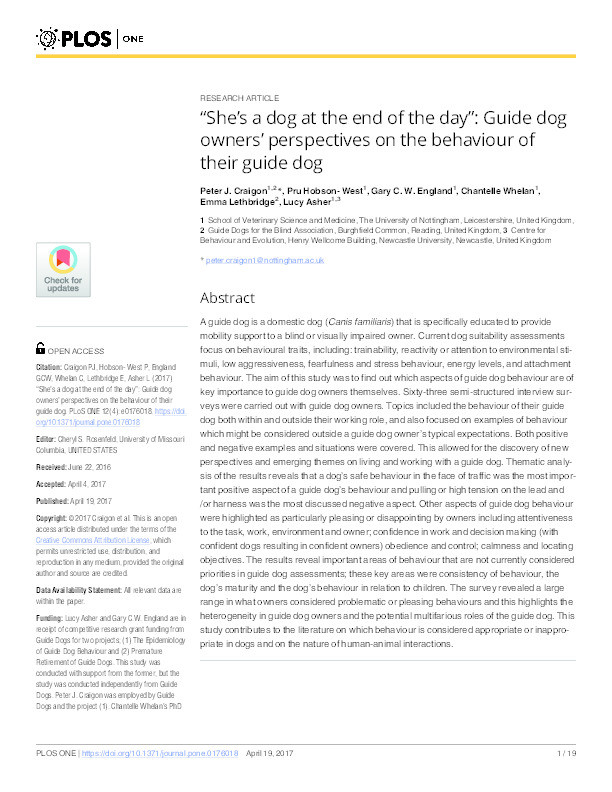 "She's a dog at the end of the day": guide dog owners' perspectives on the behaviour of their guide dog Thumbnail