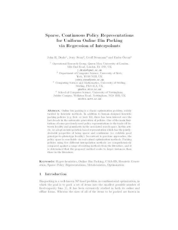 Sparse, continuous policy representations for uniform online bin packing via regression of interpolants Thumbnail