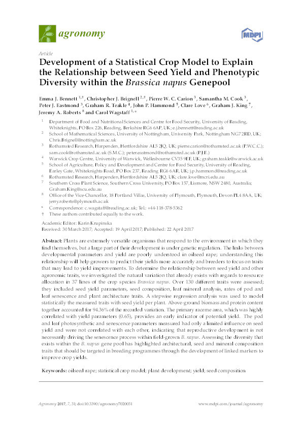 Development of a statistical crop model to explain the relationship between seed yield and phenotypic diversity within the Brassica napus Genepool Thumbnail