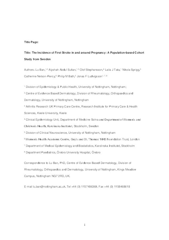 The incidence of first stroke in and around pregnancy: A population-based cohort study from Sweden Thumbnail