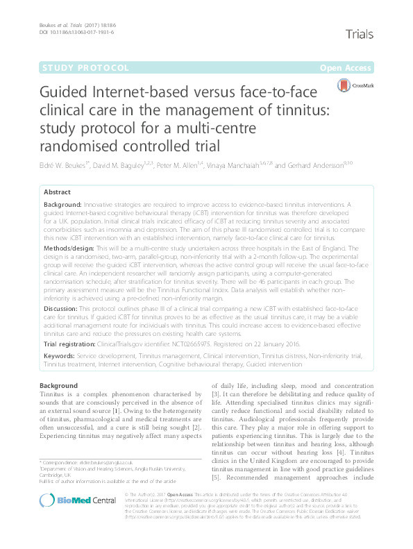 Guided Internet-based versus face-to-face clinical care in the management of tinnitus: study protocol for a multi-centre randomised controlled trial Thumbnail