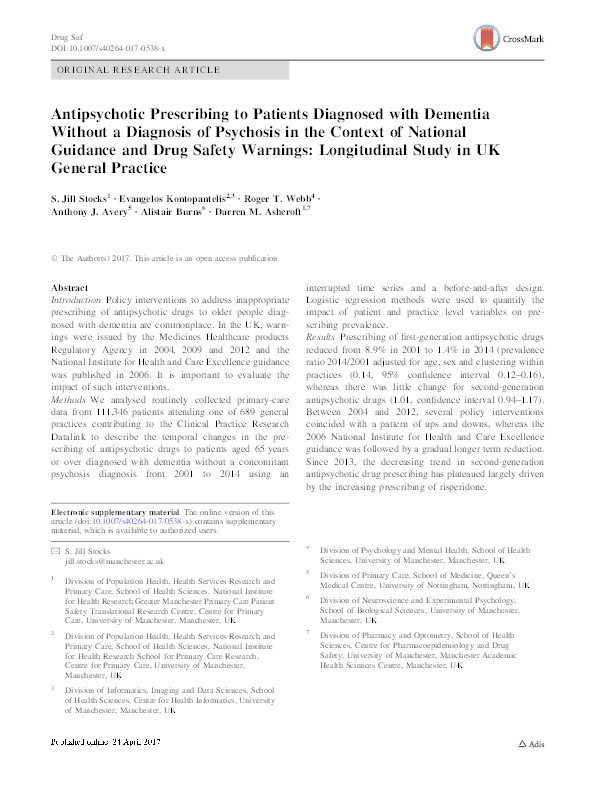 Antipsychotic Prescribing to Patients Diagnosed with Dementia Without a Diagnosis of Psychosis in the Context of National Guidance and Drug Safety Warnings: Longitudinal Study in UK General Practice Thumbnail