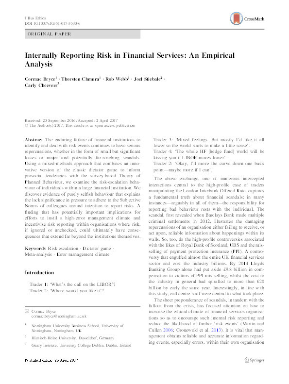 Internally reporting risk in financial services: an empirical analysis Thumbnail