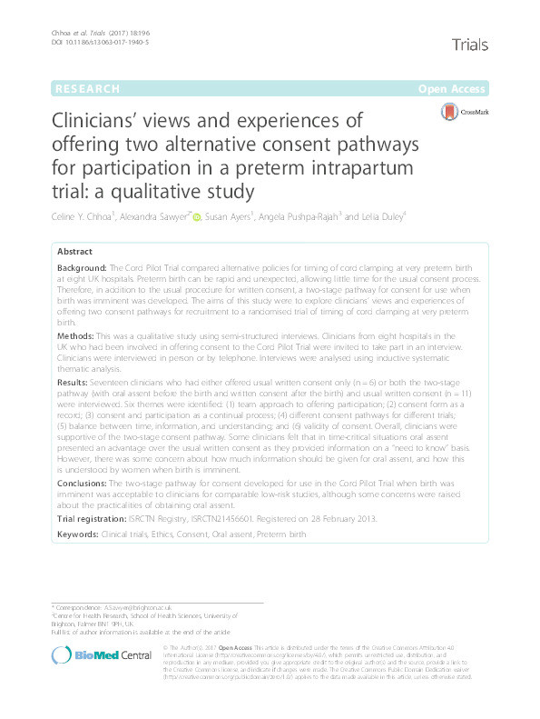 Clinicans' views and experiences of two alternative consent pathways for participation in a preterm intrapartum trial: a qualitative study Thumbnail