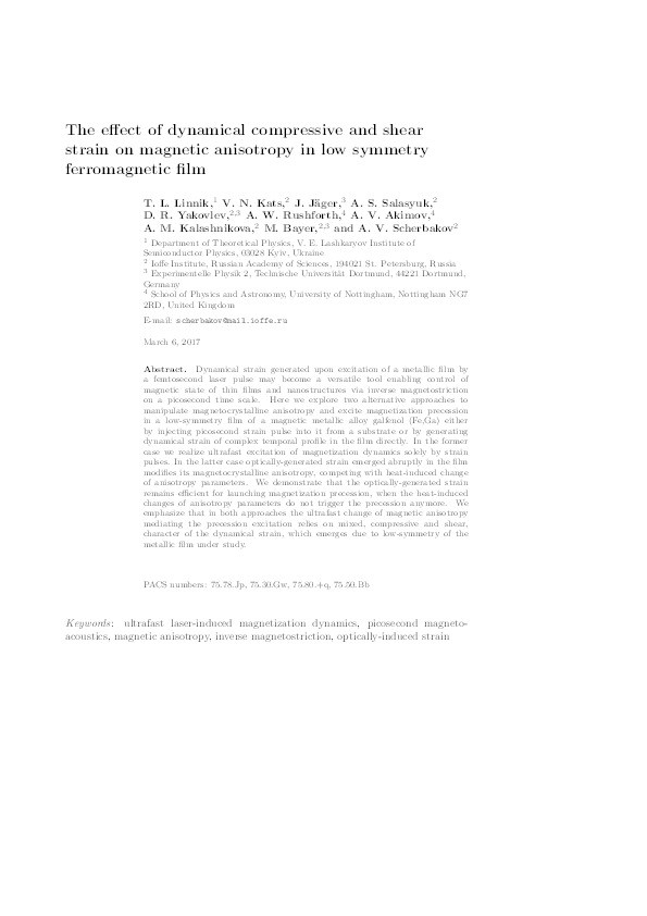 The effect of dynamical compressive and shear strain on magnetic anisotropy in a low symmetry ferromagnetic film Thumbnail