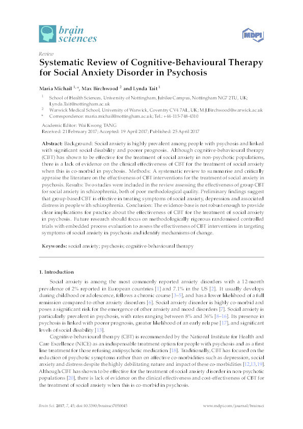 Systematic review of cognitive-behavioural therapy for social anxiety disorder in psychosis Thumbnail