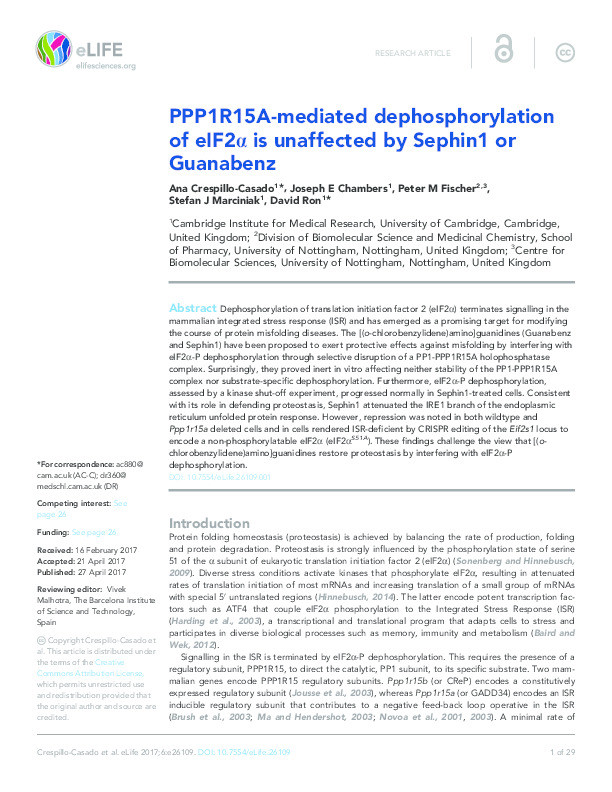 PPP1R15A-mediated dephosphorylation of eIF2α is unaffected by Sephin1 or Guanabenz Thumbnail