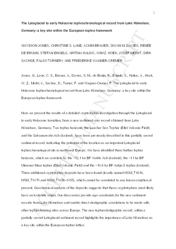 The Lateglacial to early Holocene tephrochronological record from Lake Hämelsee, Germany: a key site within the European tephra framework Thumbnail
