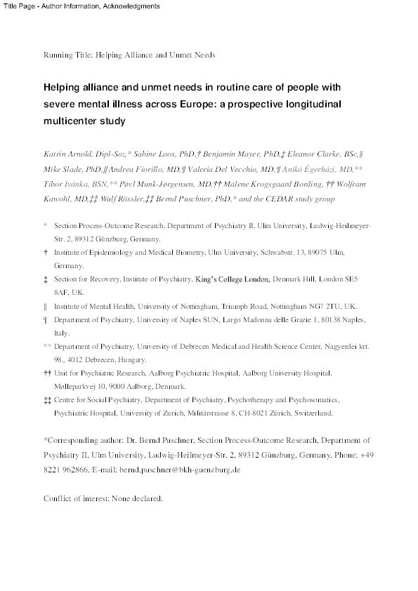 Helping alliance and unmet needs in routine care of people with severe mental illness across Europe: a prospective longitudinal multicenter study Thumbnail