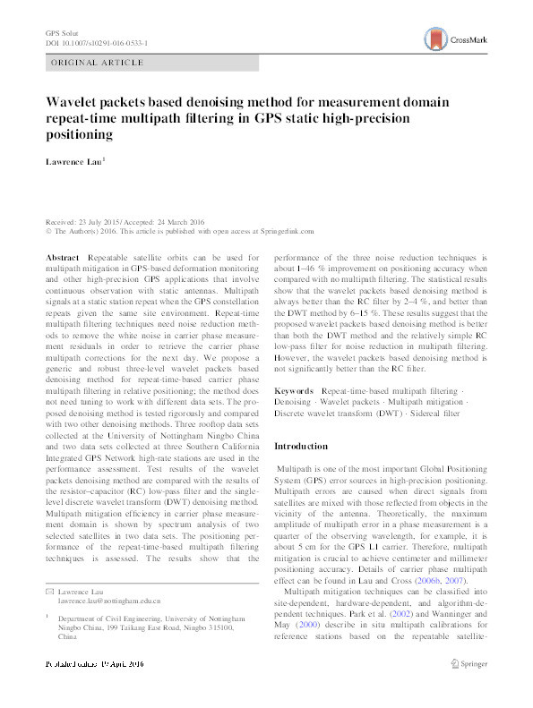 Wavelet packets based denoising method for measurement domain repeat-time multipath filtering in GPS static high-precision positioning Thumbnail