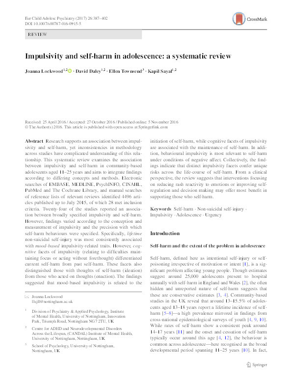 Impulsivity and self-harm in adolescence: a systematic review Thumbnail