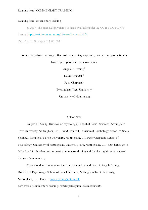 Commentary driver training: effects of commentary exposure, practice and production on hazard perception and eye movements Thumbnail