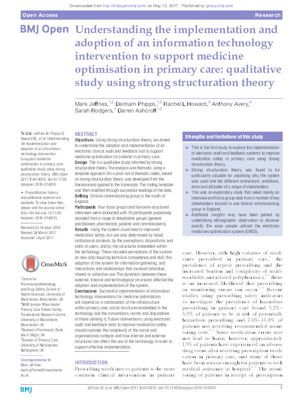 Understanding the implementation and adoption of an information technology intervention to support medicine optimisation in primary care: qualitative study using strong structuration theory Thumbnail