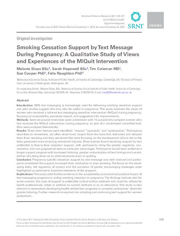 Smoking cessation support by text message during pregnancy: a qualitative study of views and experiences of the MiQuit intervention Thumbnail