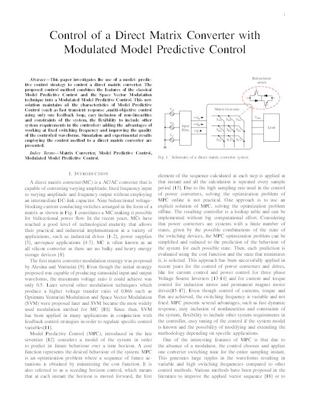 Control of a direct matrix converter with modulated model predictive control Thumbnail