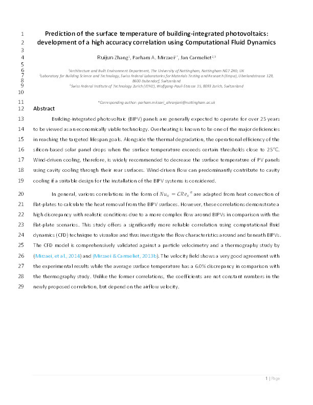 Prediction of the surface temperature of building-integrated photovoltaics: development of a high accuracy correlation using computational fluid dynamics Thumbnail