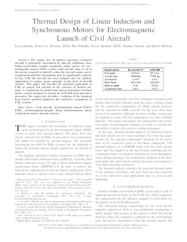 Thermal Design of Linear Induction and Synchronous Motors for Electromagnetic Launch of Civil Aircraft Thumbnail
