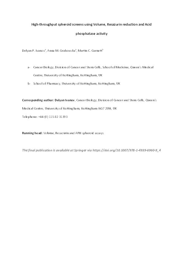 High-throughput spheroid screens using volume, resazurin reduction and acid phosphatase activity Thumbnail