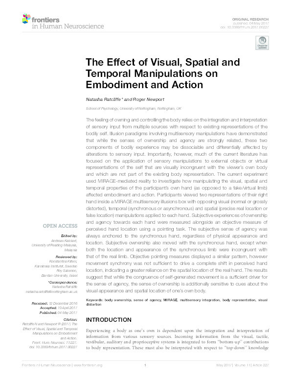 The effect of visual, spatial and temporal manipulations on embodiment and action Thumbnail