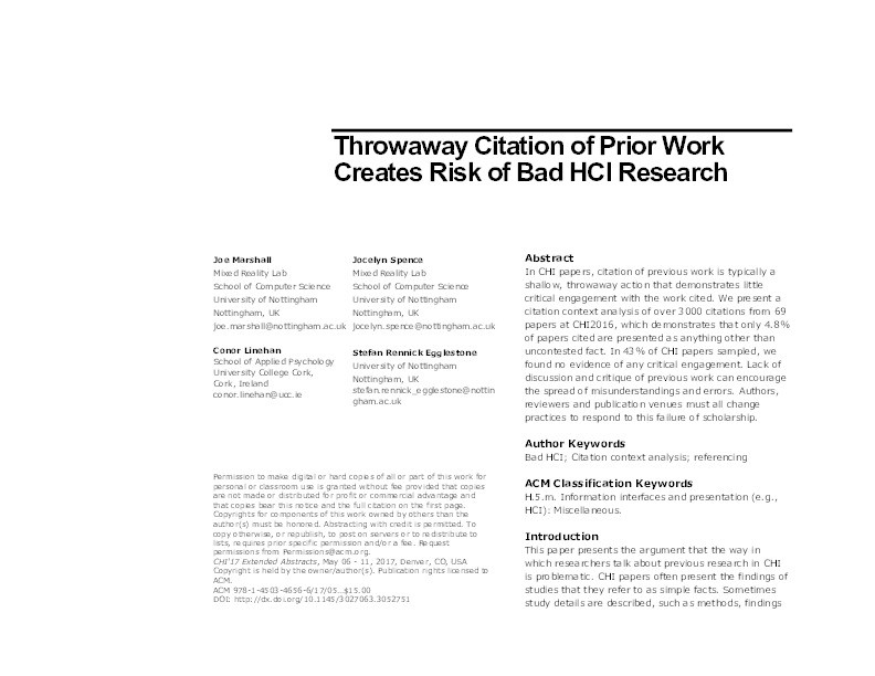 Throwaway citation of prior work creates risk of bad HCI research Thumbnail