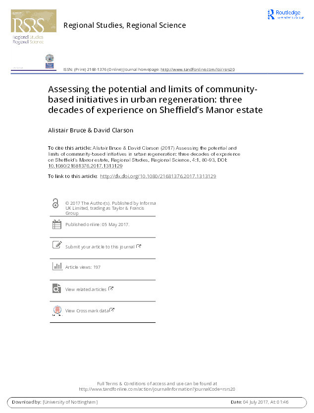Assessing the potential and limits of community-based initiatives in urban regeneration: three decades of experience on Sheffield’s Manor estate Thumbnail