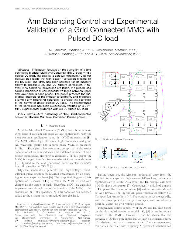 Arm-Balancing Control and Experimental Validation of a Grid-Connected MMC With Pulsed DC Load Thumbnail