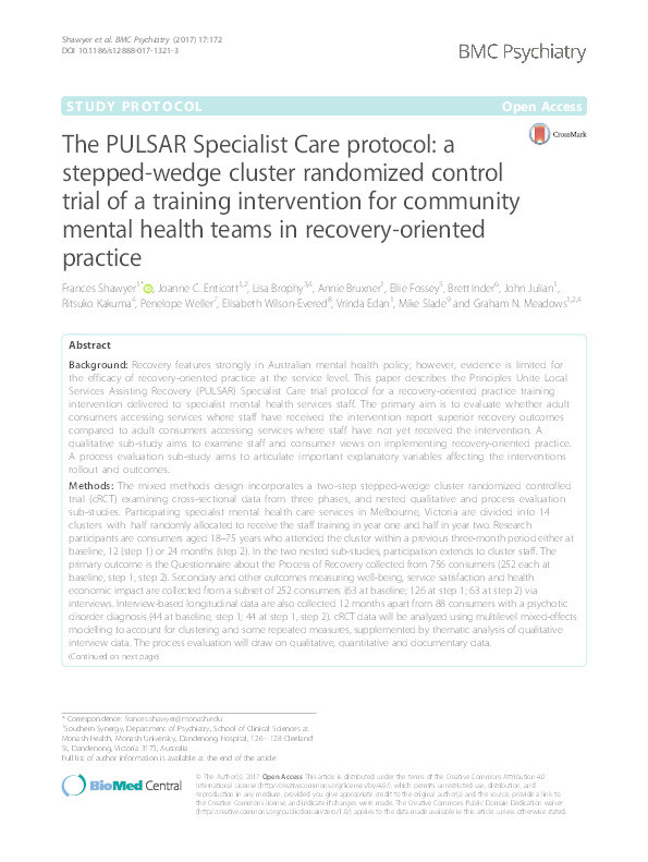The PULSAR Specialist Care protocol: a stepped-wedge cluster randomized control trial a training intervention for community mental health teams in recovery-oriented practice Thumbnail