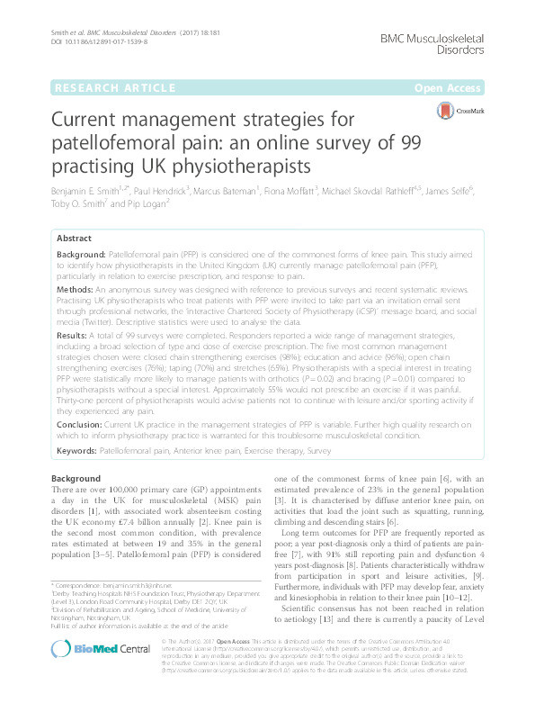 Current management strategies for patellofemoral pain: an online survey of 99 practising UK physiotherapists Thumbnail