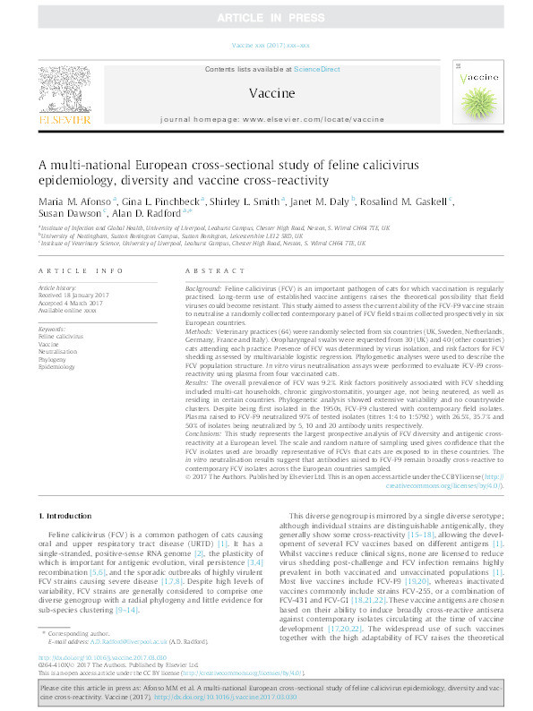 A multi-national European cross-sectional study of feline calicivirus epidemiology, diversity and vaccine cross-reactivity Thumbnail