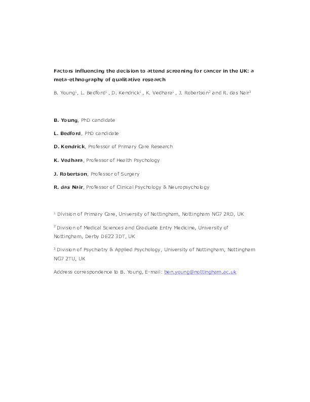 Factors influencing the decision to attend screening for cancer in the UK: a meta-ethnography of qualitative research Thumbnail