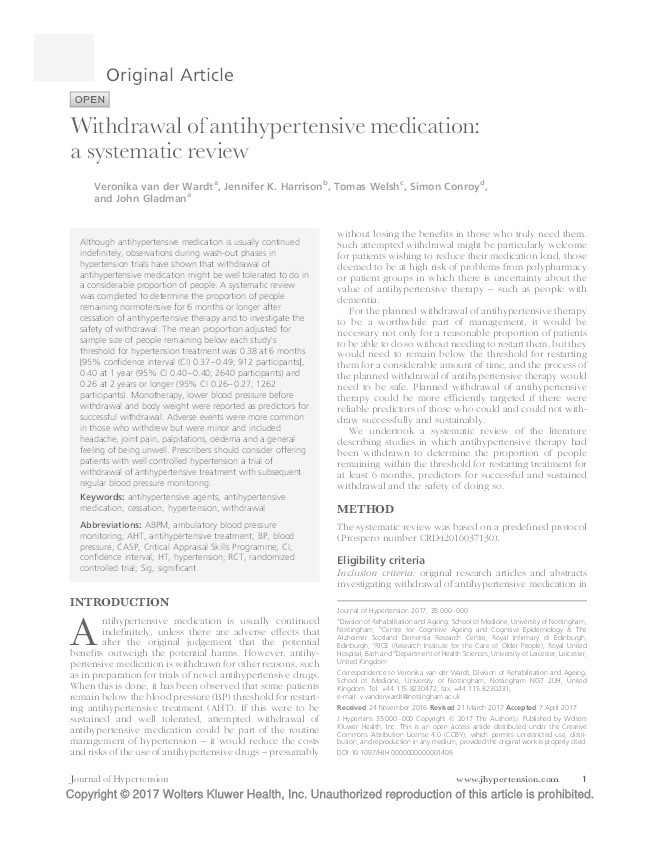 Withdrawal of antihypertensive medication: a systematic review Thumbnail