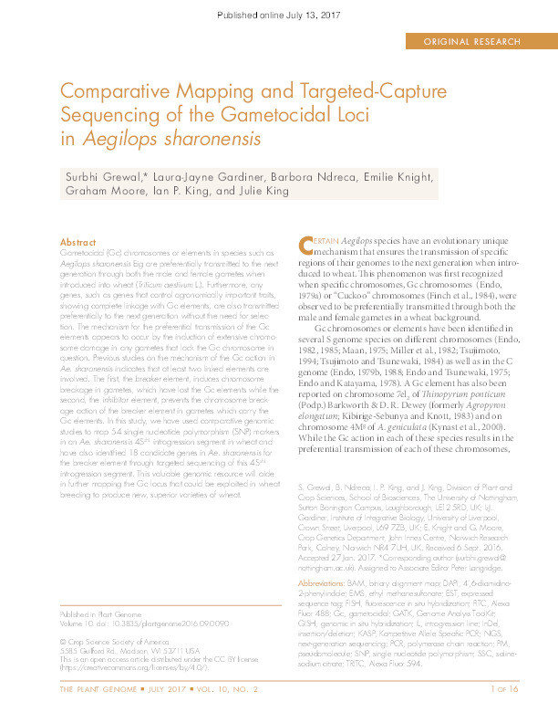 Comparative mapping and targeted-capture sequencing of the gametocidal loci in Aegilops sharonensis Thumbnail