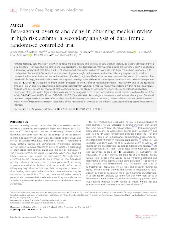 Beta-agonist overuse and delay in obtaining medical review in high risk asthma: a secondary analysis of data from a randomised controlled trial Thumbnail