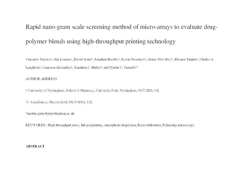 Rapid nano-gram scale screening method of micro-arrays to evaluate drug-polymer blends using high-throughput printing technology Thumbnail