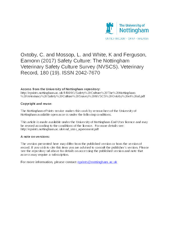 Safety culture: the Nottingham Veterinary Safety Culture Survey (NVSCS) Thumbnail