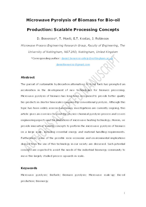 Microwave pyrolysis of biomass for bio-oil production: Scalable processing concepts Thumbnail
