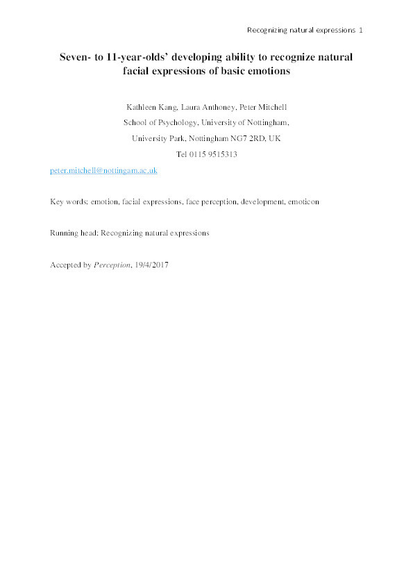 Seven- to 11-year-olds’ developing ability to recognize natural facial expressions of basic emotions Thumbnail