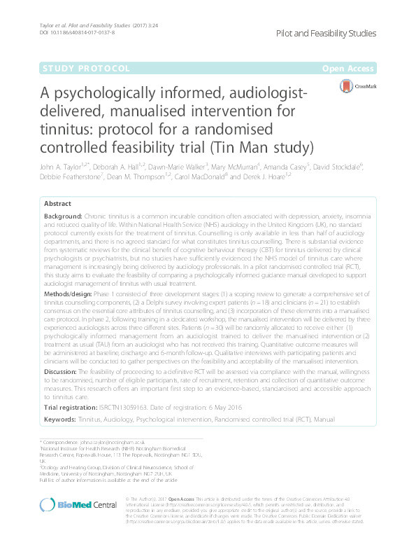 A psychologically informed, audiologist-delivered, manualised intervention for tinnitus: protocol for a randomised controlled feasibility trial (Tin Man study) Thumbnail