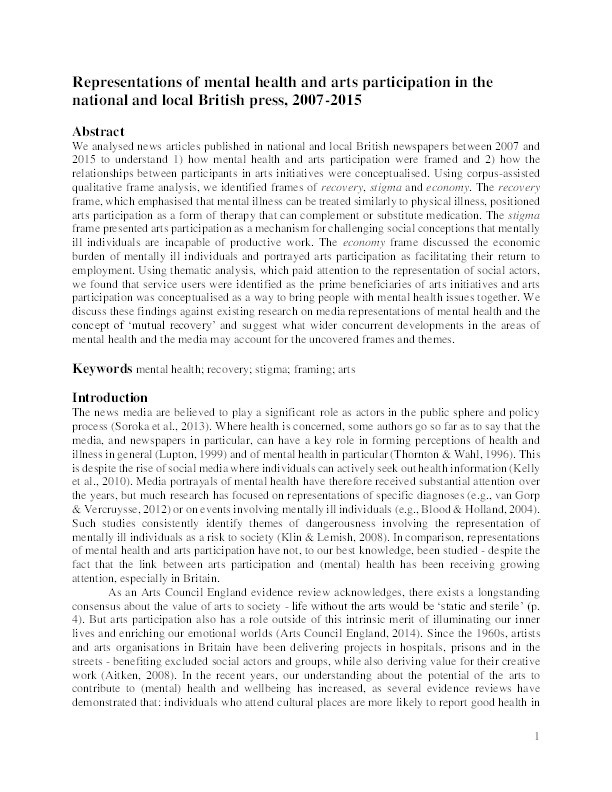 Representations of mental health and arts participation in the national and local British press, 2007-2015 Thumbnail