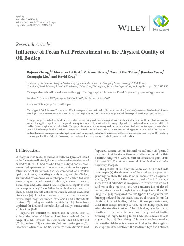 Influence of pecan nut pretreatment on the physical quality of oil bodies Thumbnail