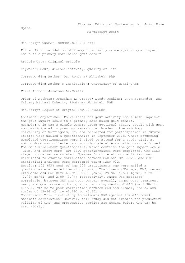 First validation of the gout activity score against gout impact scale in a primary care based gout cohort Thumbnail
