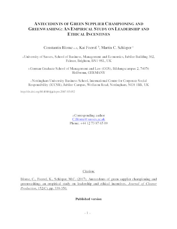 Antecedents of green supplier championing and greenwashing: An empirical study on leadership and ethical incentives Thumbnail